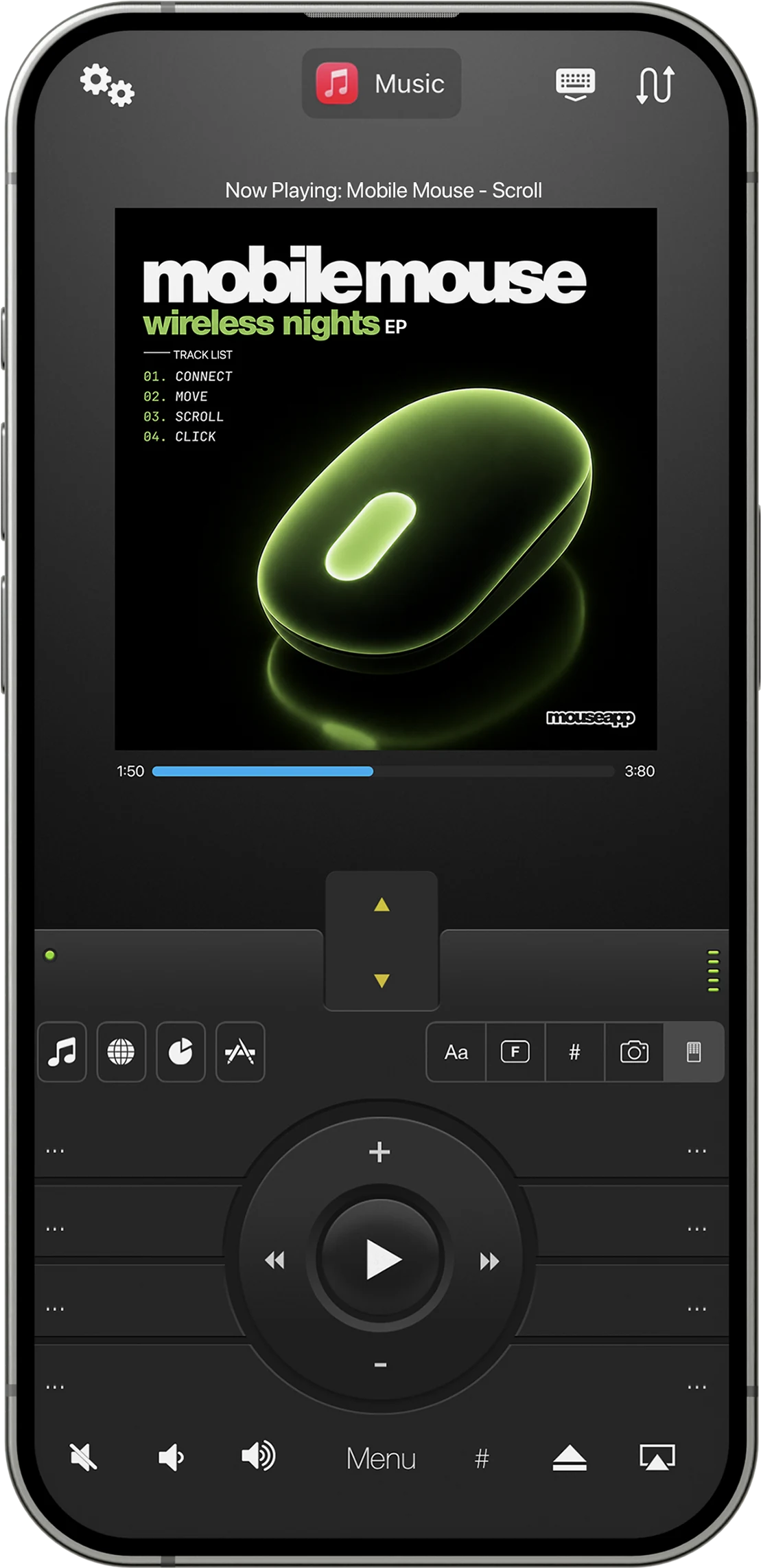 Mobile Mouse media remote with playback controls on iPhone