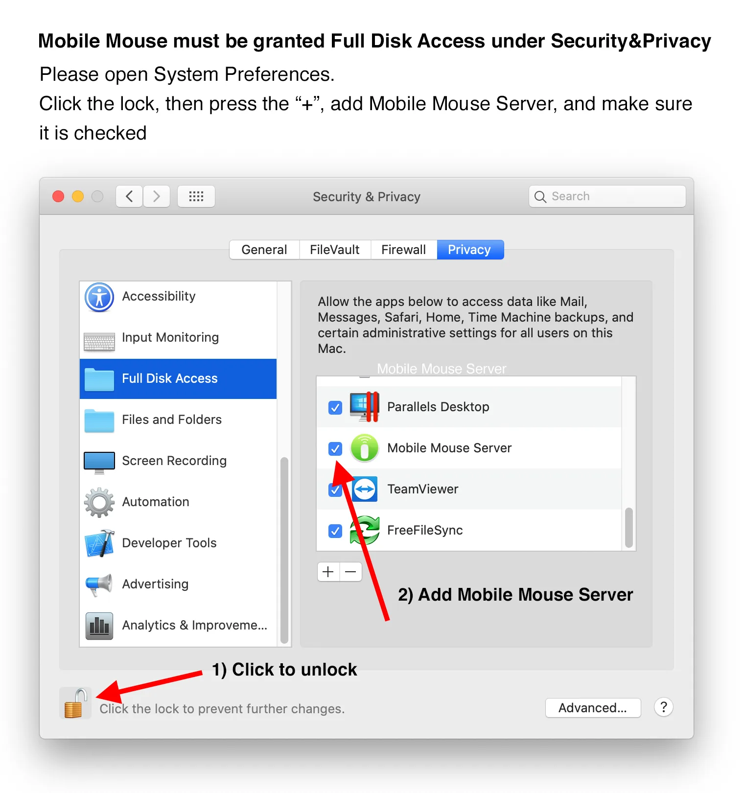 macOS Privacy and Security settings for Mobile Mouse