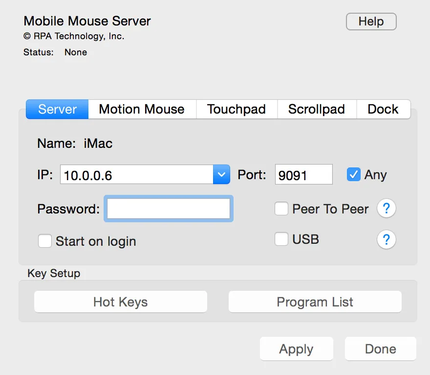 Mobile Mouse Server settings on Mac